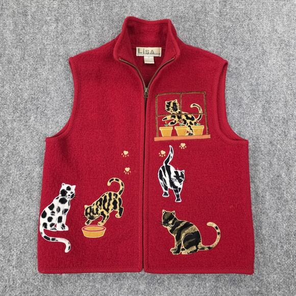 Lisa International Vest Women Medium Wool Cat Print Fuzzy Embroidered Zip Up VTG - Picture 1 of 16